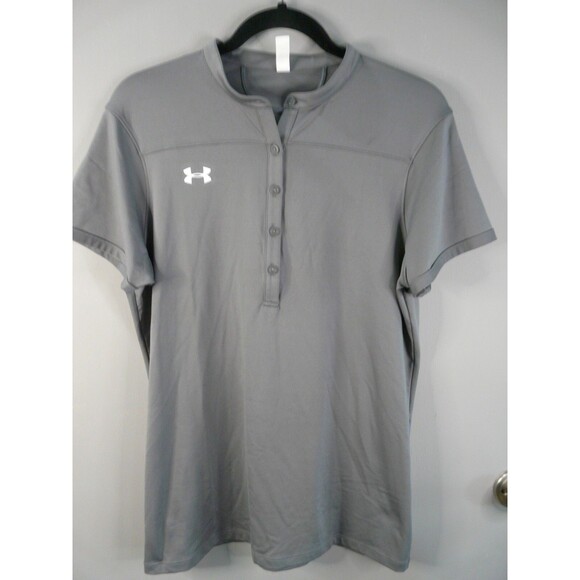 Under Armour Womens M Heat Gear Short Sleeve 1/4 Button Gray Activewear Top - Picture 1 of 6